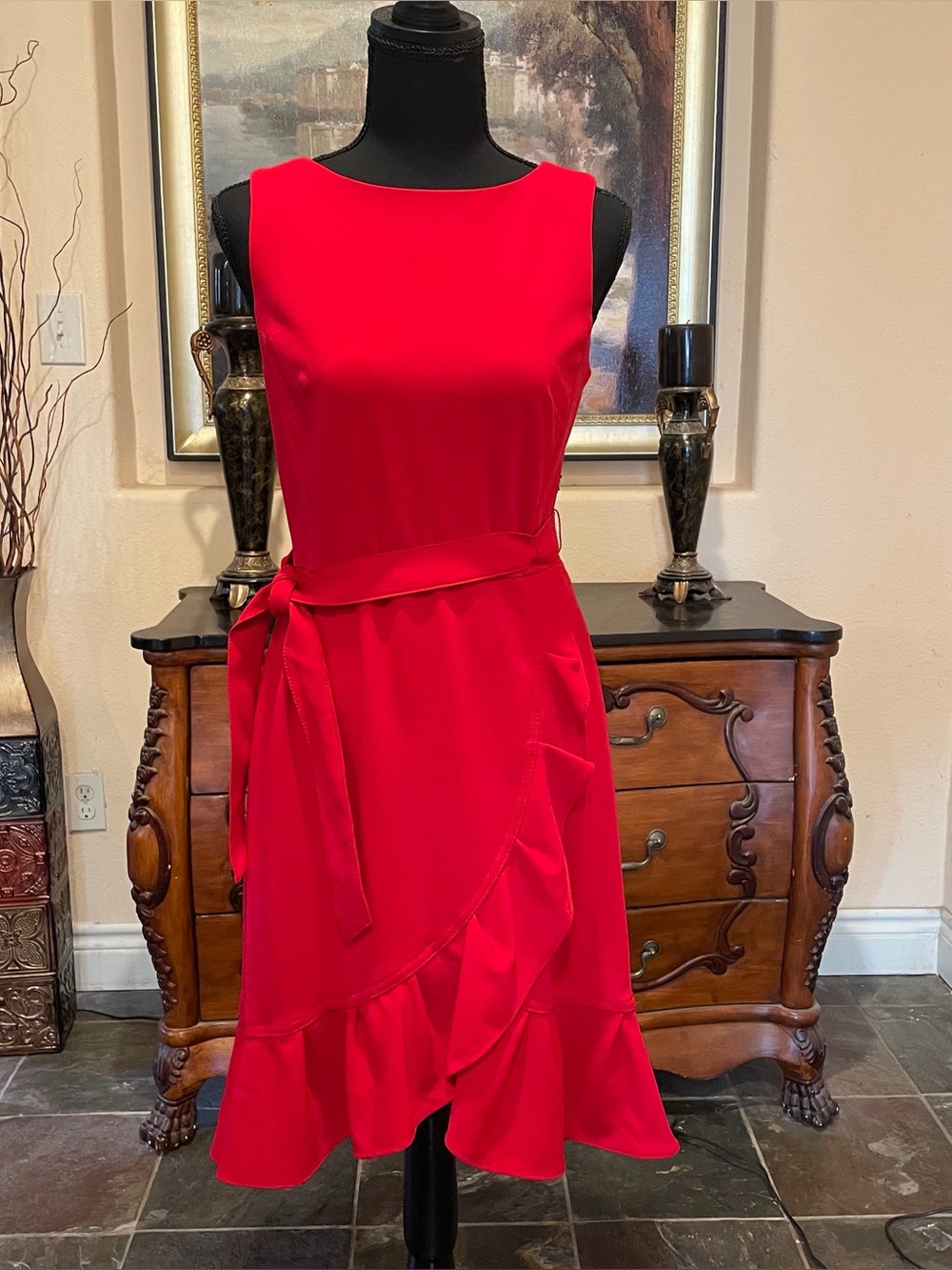 Red Calvin Klein faux wrap dress